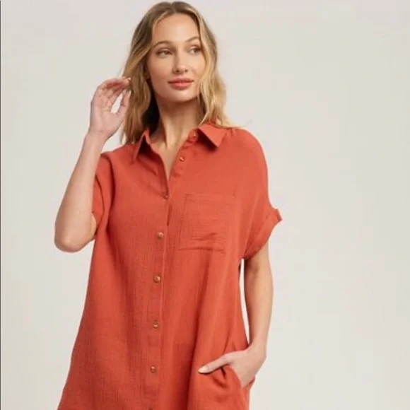 NWT Woman Owned Designer BluIvy Button Up Shirt Dress with Pocket, Terracotta - Picture 1 of 4